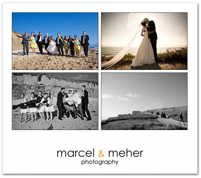 bride and groom with bridal party running on the beach at half moon bay golf links